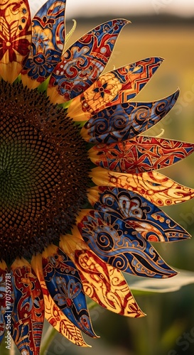A detailed close-up of a sunflower with intricate, patterned petals, showcasing a vibrant array of colors and designs.