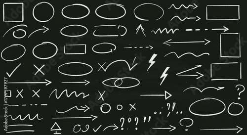 Hand drawn chalk elements like arrows circles squares checkmarks and punctuation for presentations and infographics