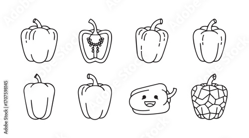Collection of hand drawn bell pepper illustrations in a sketchy silhouette style