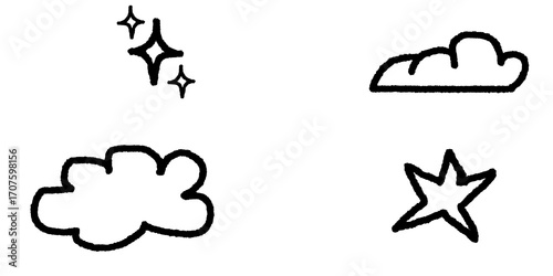 Hand-Drawn Clouds and Stars black outline design