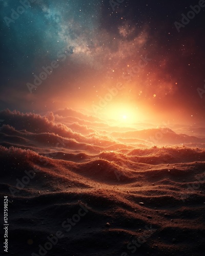 A sunset over a desert landscape with a bright orange sky