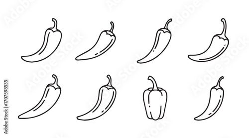 Collection of hand drawn chili pepper illustrations in a simple silhouette style