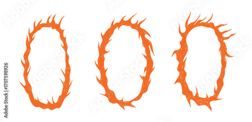Hand drawn flame border set. Blazing crayon oval frames. Red burning fires sketch for photo, collage, punk grafitti. Hot flaming circles shapes. Isolated Vector illustration.  