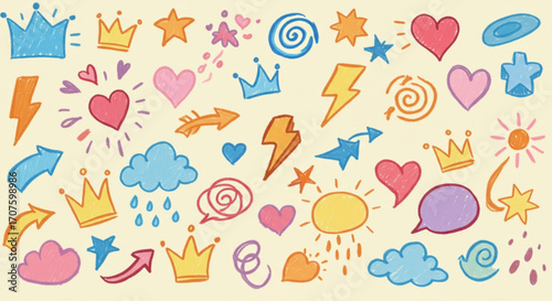 Playful hand drawn doodle pattern filled with hearts, stars, clouds and crowns bringing joy