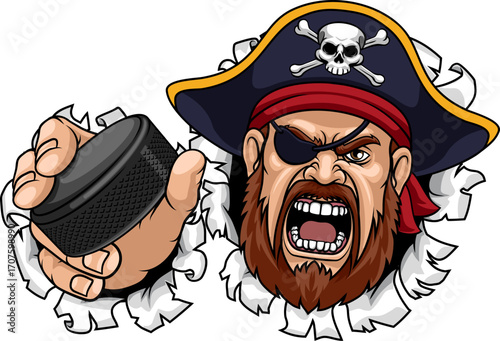 An angry Pirate cartoon character holding hockey puck ice hockey sports team mascot illustration.