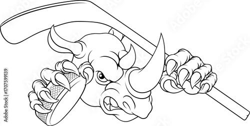 A rhino or rhinoceros ice hockey tough cartoon sports mascot