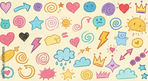 Fun whimsical doodle collection with hearts and stars adds playful charm to any creative project
