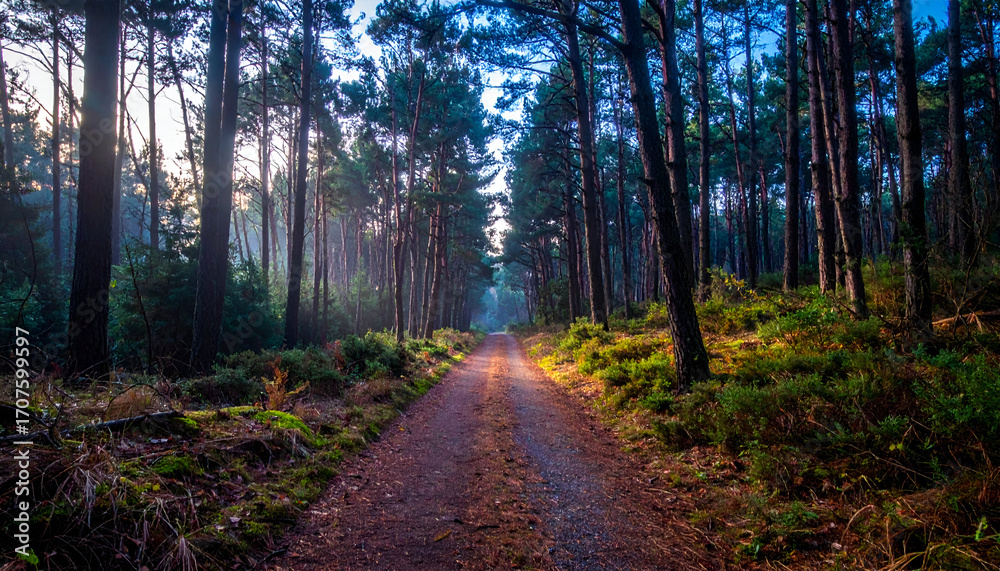 Naklejka premium Sunlight filters through tall pine trees lining a dirt road in a dense forest, creating a serene and peaceful atmosphere.