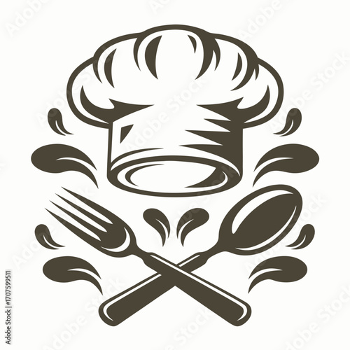 A chef hat is above a fork and spoon in a vintage style icon