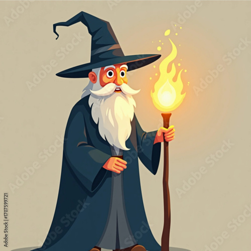 Wise Wizard with Magical Flame: A distinguished wizard, donned in robes and a pointed hat, wields a staff crowned with a mystical flame, exuding an aura of wisdom and arcane power.