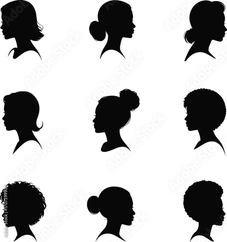 Collection of female profile silhouettes with various hairstyles, black and white woman heads, minimalist beauty fashion vector illustration