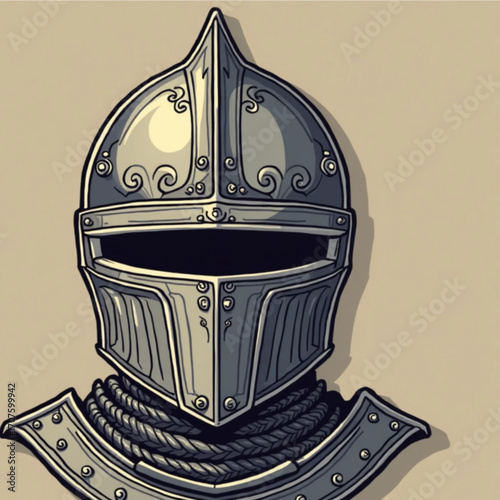 Knight's Helm in Detailed: A striking illustration of a knight's helmet and armor, featuring intricate details, sturdy construction and a vintage flair.
