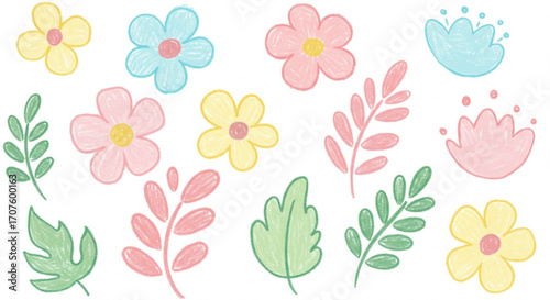 Delightful pastel flowers and leaves for spring projects and cheerful designs, originally vector graphics