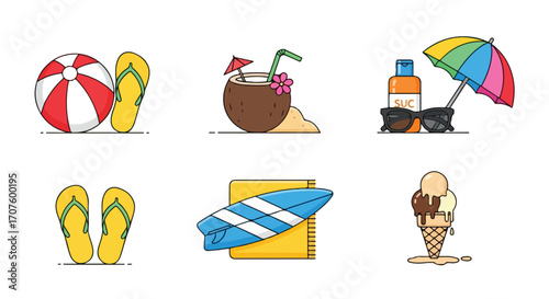 A colorful set of flat line icons representing summer vacation, beach activities, and travel essentials