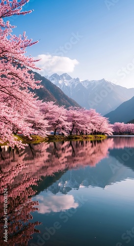 Serene landscape of cherry blossoms reflecting on a tranquil lake, nestled between mountains, bathed in soft morning light.