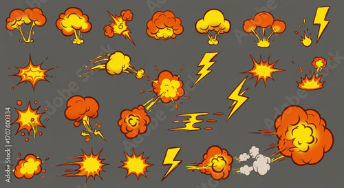 Dynamic explosions and lightning bolt graphics ready for action comics or video game design projects