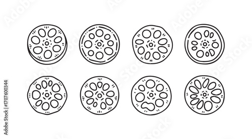 Eight detailed silhouettes of sliced lotus root cross sections