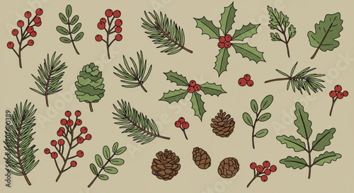 Festive winter greenery pattern for holidays and celebrations, pine branches, holly leaves and berries