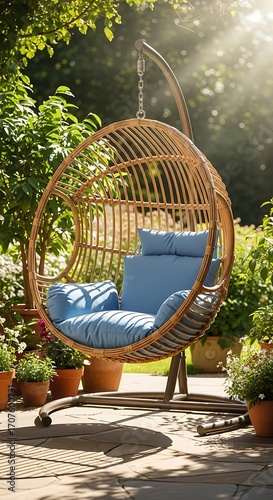 A light-filled garden patio showcases a wicker hanging egg chair with a light blue cushion.