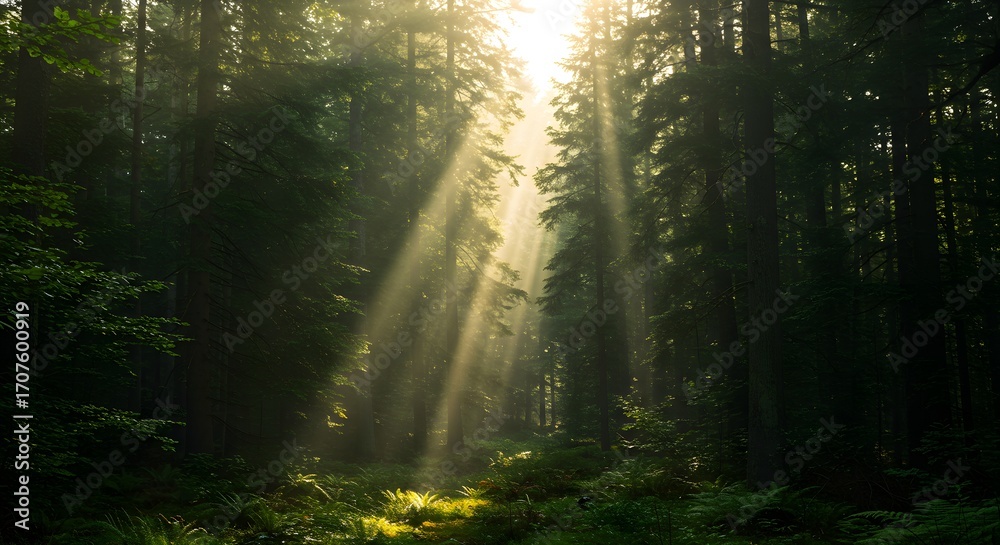 Naklejka premium Sunlight beams through forest