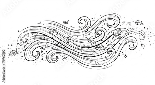 Whimsical autumn wind blowing leaves with artistic swirls and dynamic movement for design