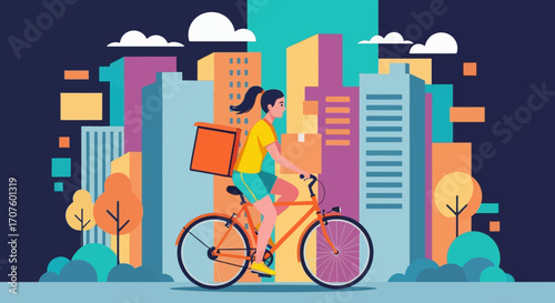 A woman on a bicycle with a delivery box on her back, riding through a stylized cityscape with colorful buildings and trees.