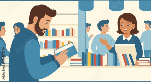 Illustration of a man reading a book in a bookstore.