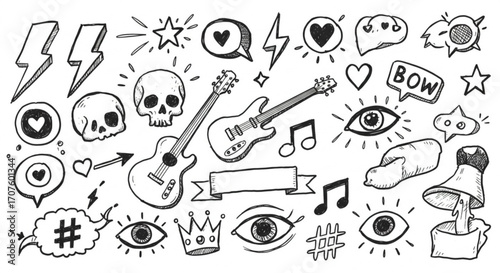 Dynamic collection of hand-drawn rock and roll icons, perfect for edgy branding and creative projects.