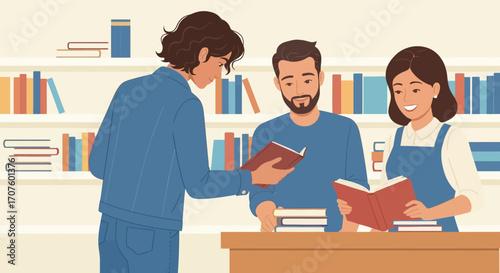 Two customers browse books with assistance from bookstore employee.