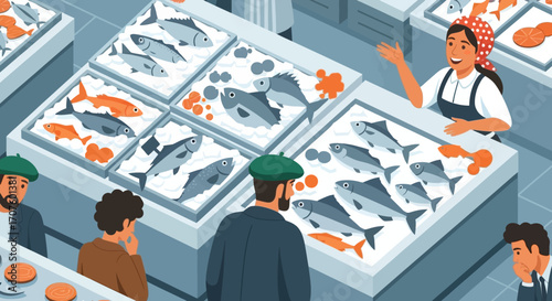Illustration of a lively fish market scene with a female fishmonger selling fresh seafood from a stall to several male customers.