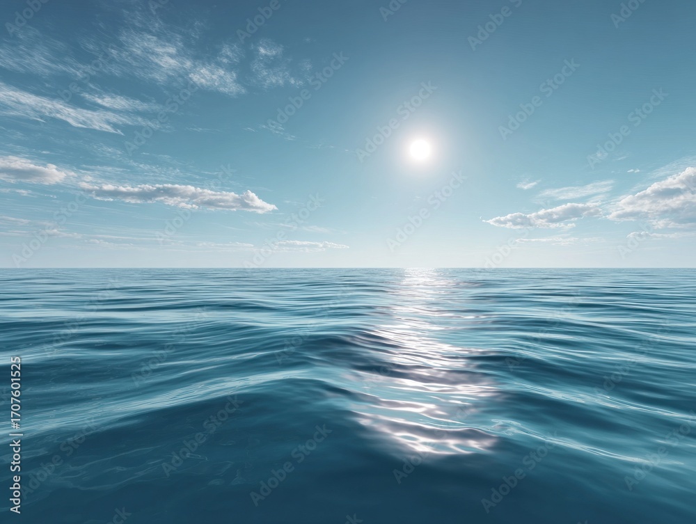 Fototapeta premium Open expanse of shimmering ocean under a bright sun with wispy clouds dotting a serene, clear sky. Water reflects sunlight