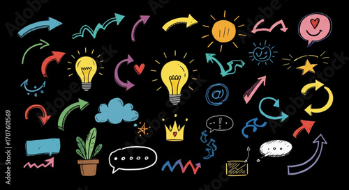Colorful sketched arrows and ideas for business success, brainstorming, and creative concepts