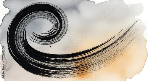 A swirling, abstract design in dark ink, set against a muted, painted backdrop of grays and warm oranges.