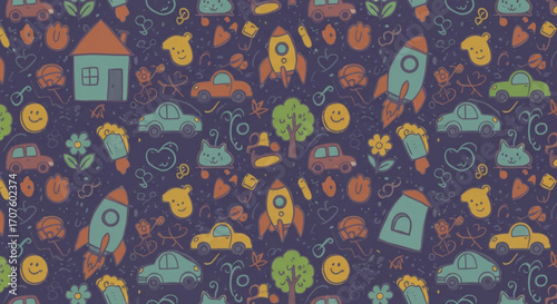 Charming doodle pattern featuring whimsical rockets, cars, houses, and happy faces for kids