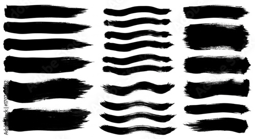 Diverse black ink brush strokes for dynamic graphic design and artistic projects