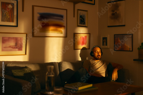 Man relaxing on a sofa with headphones in warm evening light. The cozy living room is decorated with framed artwork on the walls.