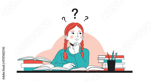 A young girl with pigtails is sitting at a desk surrounded by books and papers and is looking upwards with a questioning expression.