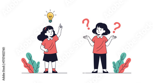 Two young girls one with an idea symbolized by a lightbulb and the other confused with question marks above her head.