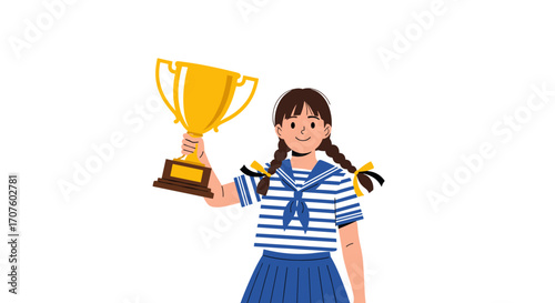 A young girl with pigtails and a sailor uniform proudly holds up a golden trophy, celebrating her achievement.