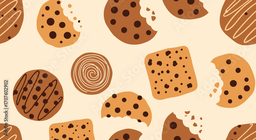 A delightful assortment of freshly baked cookies with chocolate chips and sweet icing patterns.