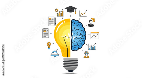 Visual representation of the human brain and lightbulb symbolizing innovation and knowledge acquisition.