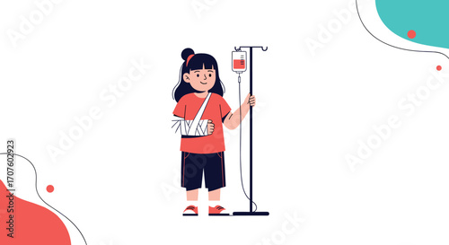 A young girl with a broken arm and an intravenous drip receiving medical care in a hospital setting.