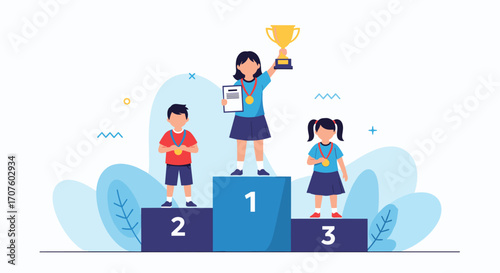 Children celebrating victory on a podium with trophies and medals after a competition.