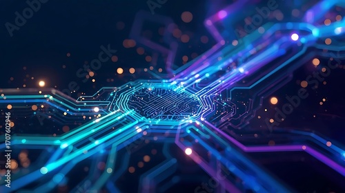 Abstract digital circuit board with glowing blue and purple lines representing data flow and connectivity.