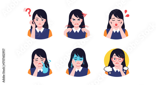 A collection of cartoon illustrations depicting a young woman expressing a range of emotions.