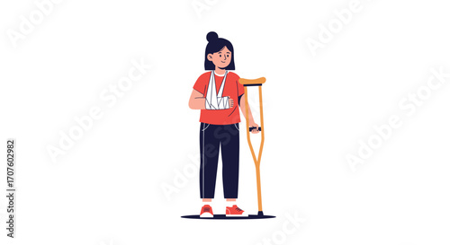 A young person with a broken arm and a crutch stands looking away.
