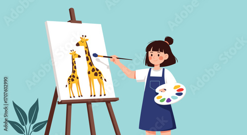 A young artist diligently paints a charming portrait of two giraffes on a canvas using a palette of vibrant colors.