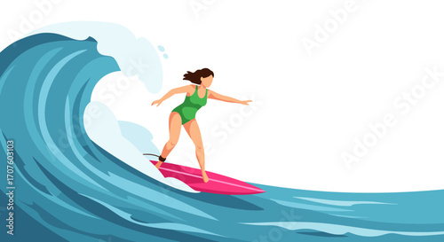 A woman in a green swimsuit surfs on a pink surfboard atop a large blue ocean wave.