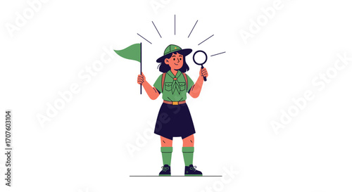A young explorer with a flag and magnifying glass embarks on a grand adventure.