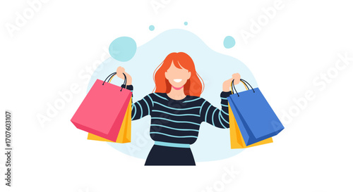 A happy woman with many colorful shopping bags showing off her purchases from a retail store.